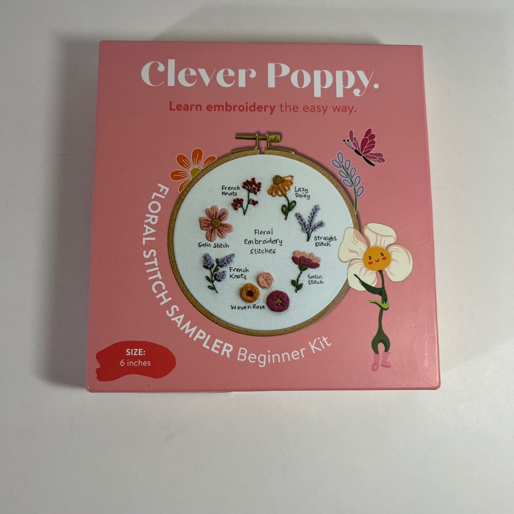 Clever Poppy Floral Stitch Sampler Beginner Embroidery Kit 6" NIB